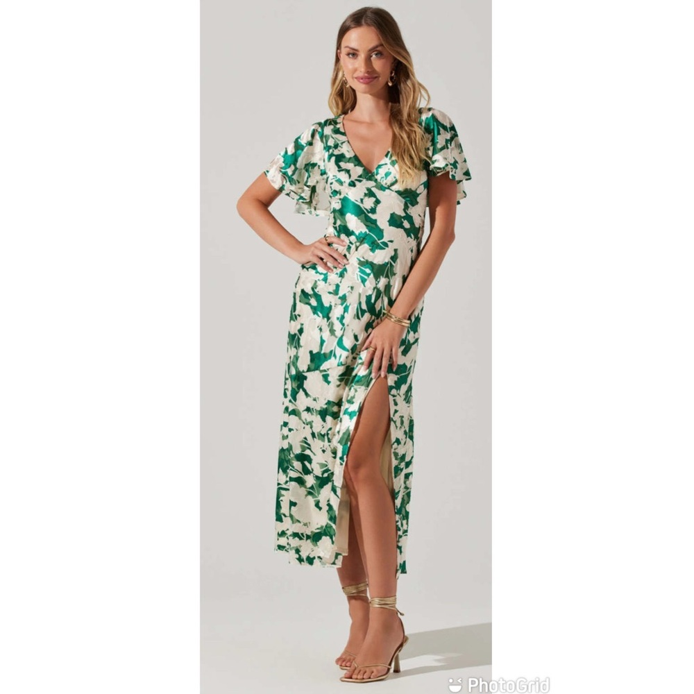 ASTR the Label Velvet Burnout Midi Dress XS Green Floral Open Back Thigh‎ Slit